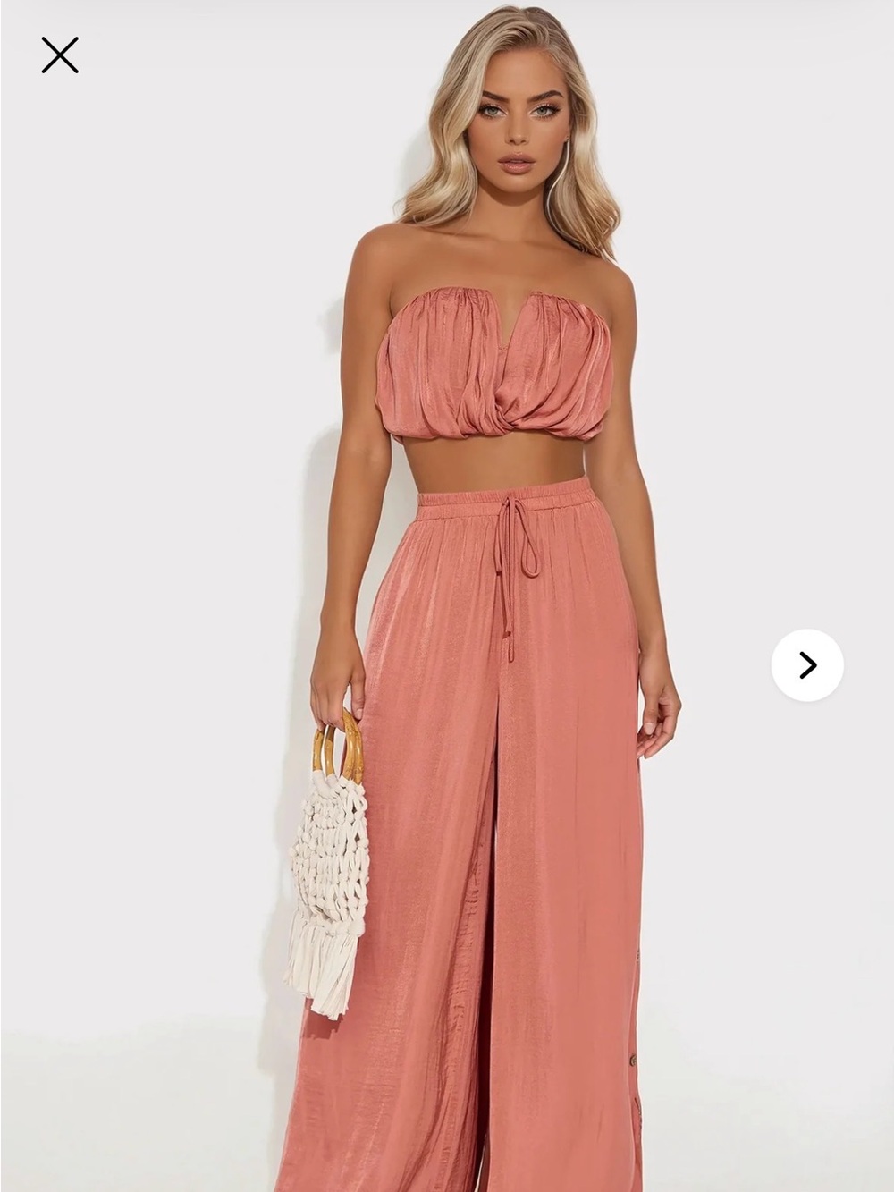 Fashion Nova Strapless Two-Piece Satin Crop Top & Wide Leg Pants - Rust 2x